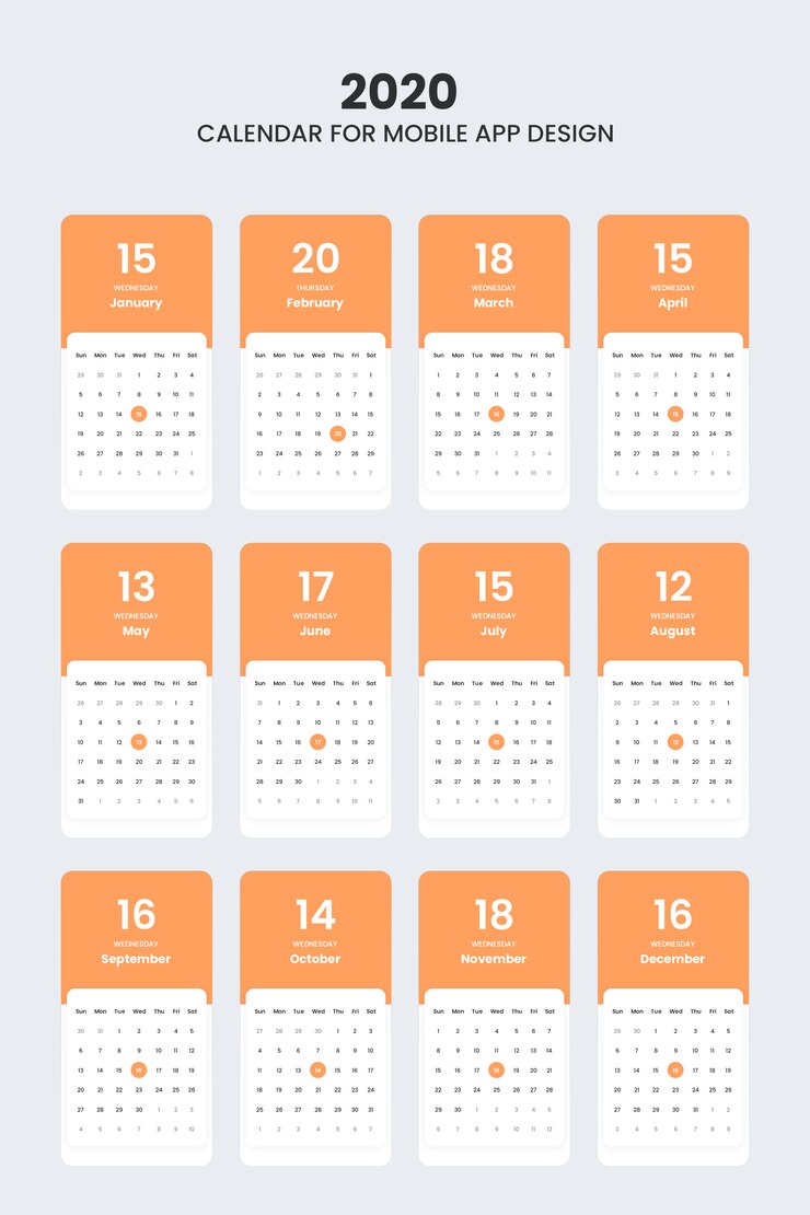 Kit de interface do usuário do calendário 2020 para aplicativos móveis