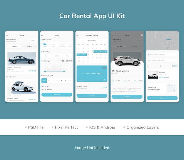 PSD kit de iu do aplicativo de aluguel de carros