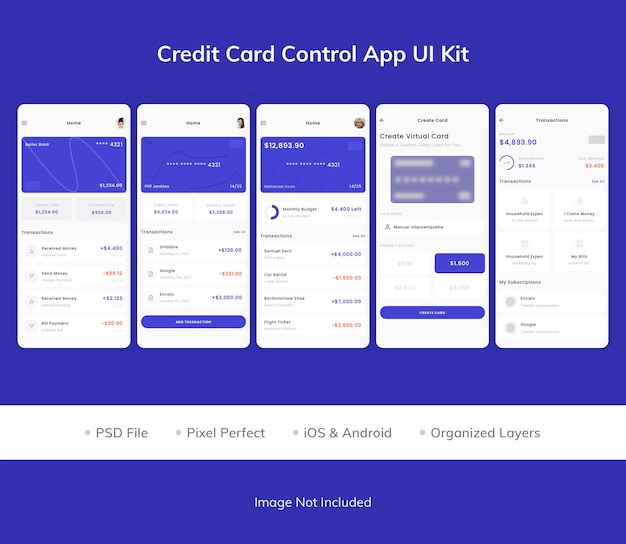 PSD kit de iu do aplicativo de controle de cartão de crédito