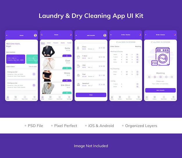 PSD kit de iu do aplicativo de lavagem a seco e amplificador de lavanderia
