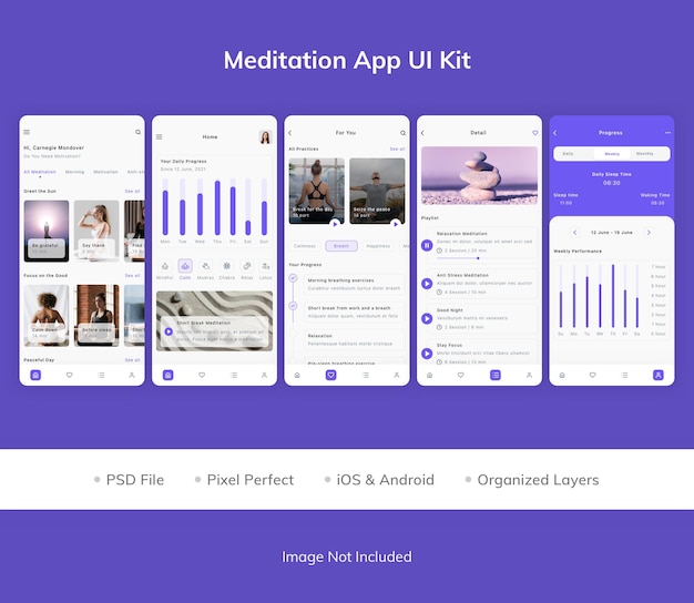 PSD kit de iu do aplicativo de meditação