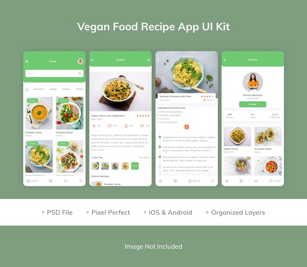 PSD kit de iu do aplicativo de receita de comida vegana