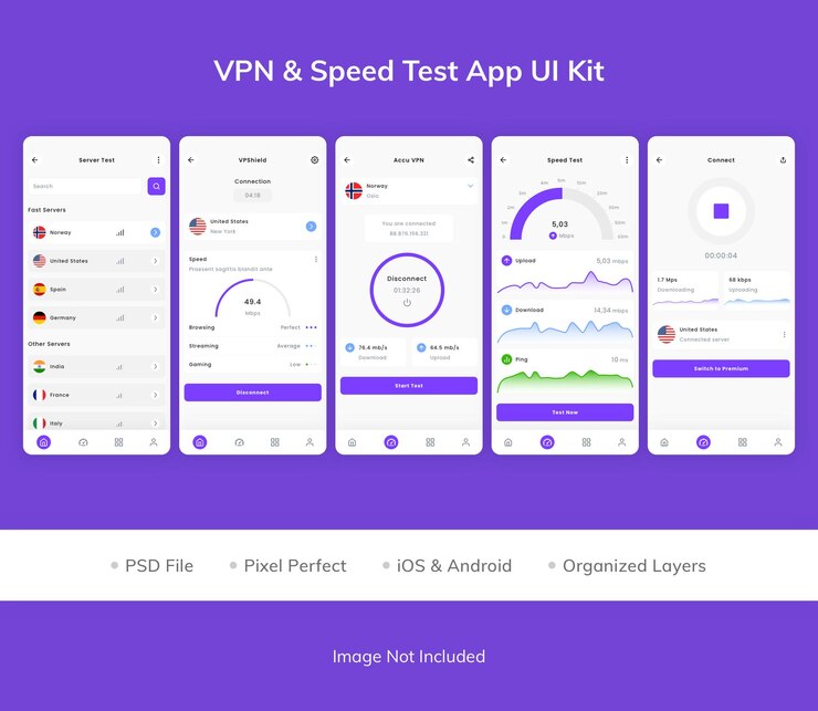 PSD kit de iu do aplicativo de teste de velocidade de amp vpn