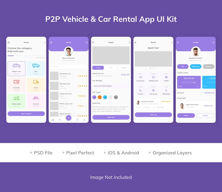 PSD kit de iu do aplicativo p2p vehicle amp rental