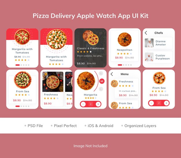 PSD kit de iu do aplicativo pizza delivery apple watch