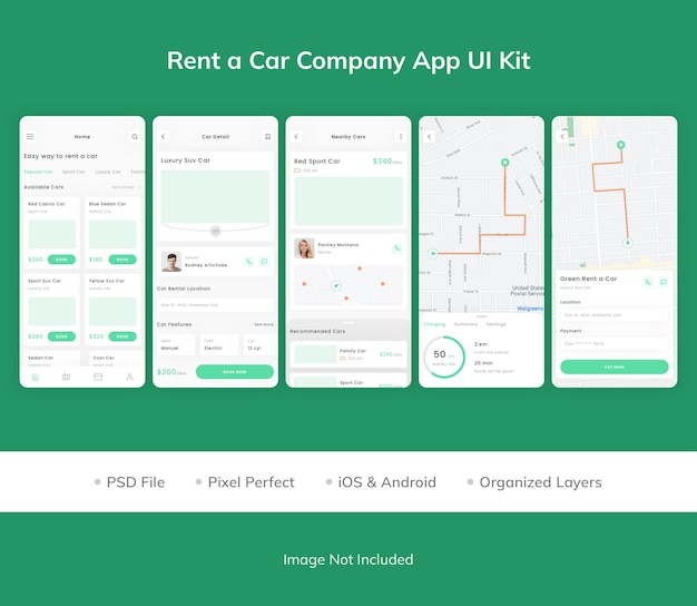 PSD kit de iu do aplicativo rent a car company