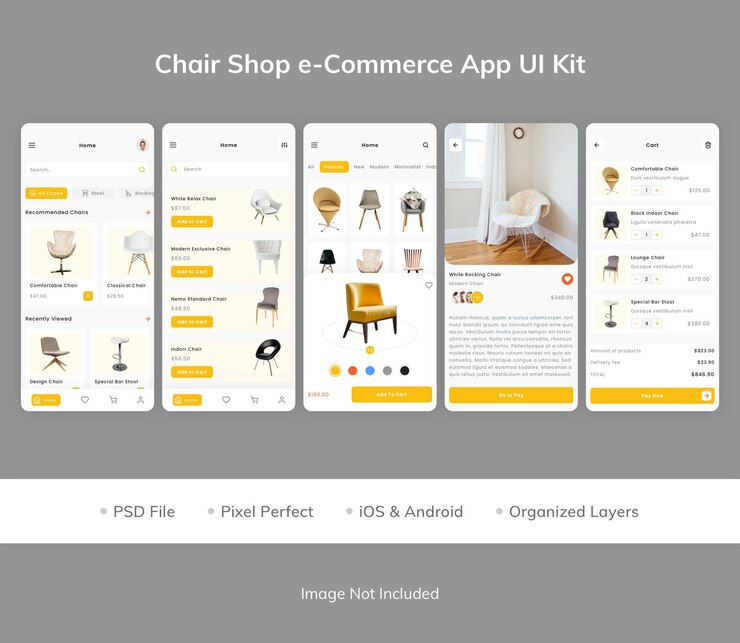 PSD kit dell'interfaccia utente dell'app ecommerce chair shop
