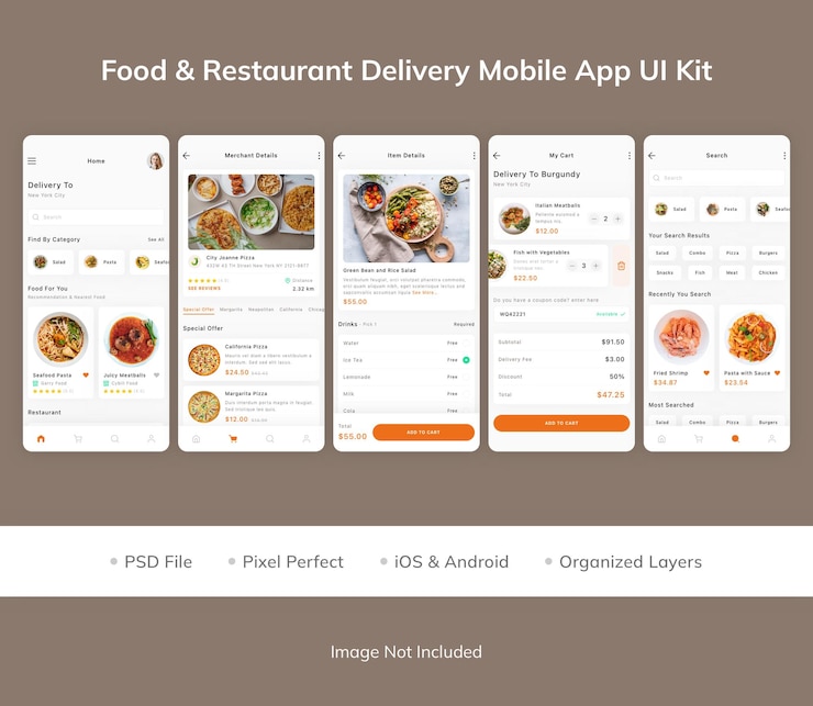 PSD kit dell'interfaccia utente dell'app mobile per la consegna di cibo e ristoranti