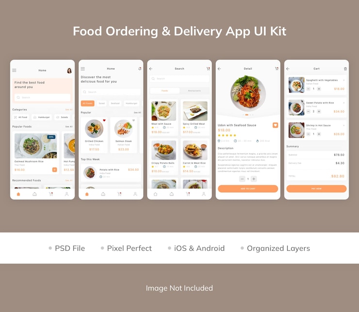 PSD kit dell'interfaccia utente dell'app per l'ordinazione e la consegna di cibo