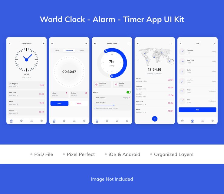 PSD kit dell'interfaccia utente dell'app per la sveglia con orologio mondiale