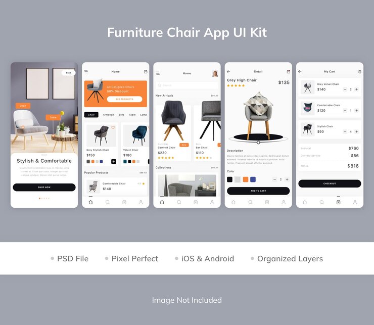 PSD kit dell'interfaccia utente dell'app per sedie per mobili