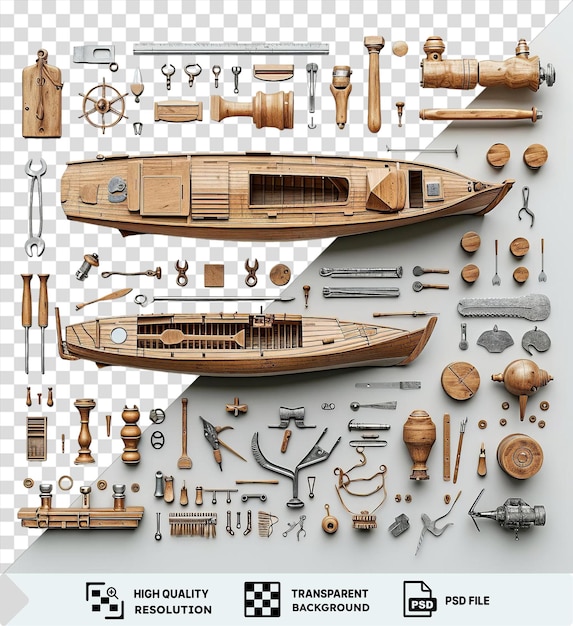 PSD kit detallado de construcción de modelos de barcos de madera personalizados en fondo blanco para aficionados