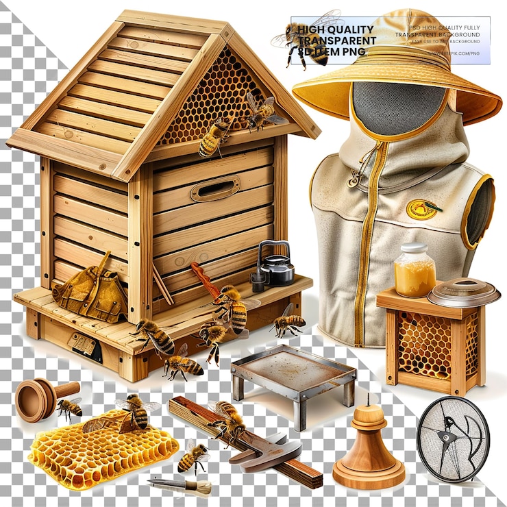 PSD kit di avvio per l'apicoltura con strumenti essenziali su sfondo trasparente