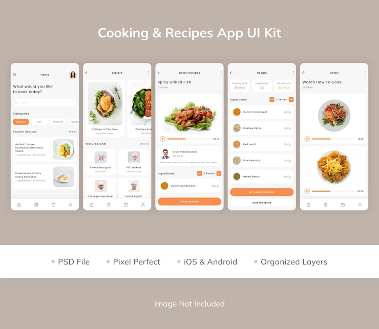 PSD kit di interfaccia utente dell'app per ricette di cucina amp