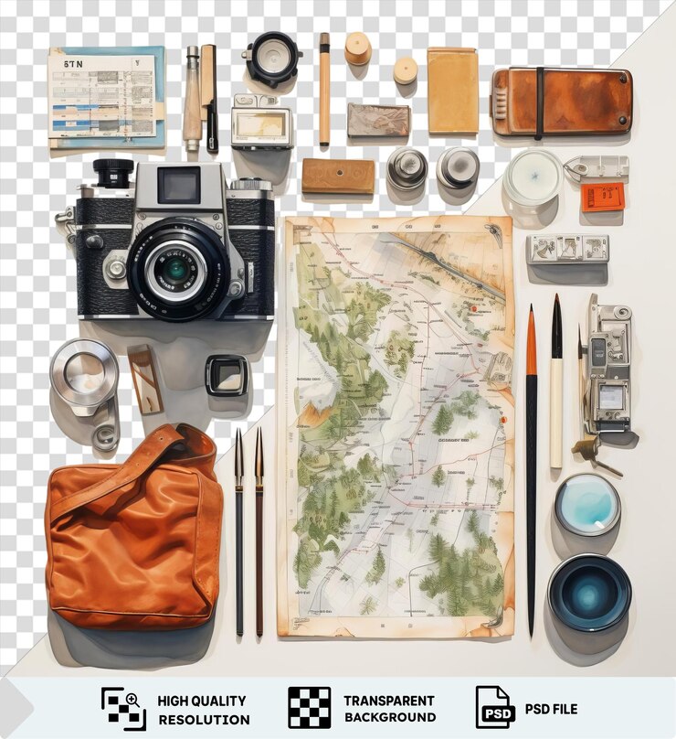 PSD kit de dibujo urbano psd configurado en un fondo transparente con una cámara negra pluma negra y bolsa naranja cerca