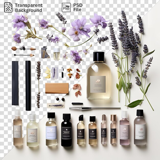 PSD el kit de fabricación de perfumes presenta una variedad de botellas y flores, incluidas botellas púrpuras, blancas, negras y rosas, así como una pequeña botella blanca, todas expuestas en un blanco.