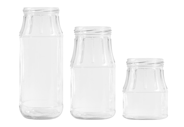 PSD kit frascos de vidrio transparentes de diferentes formas y tamaños sobre un fondo vacío