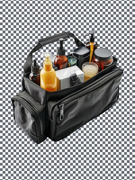Kit de higiene de viaje de doble compartimento útil aislado sobre un fondo transparente