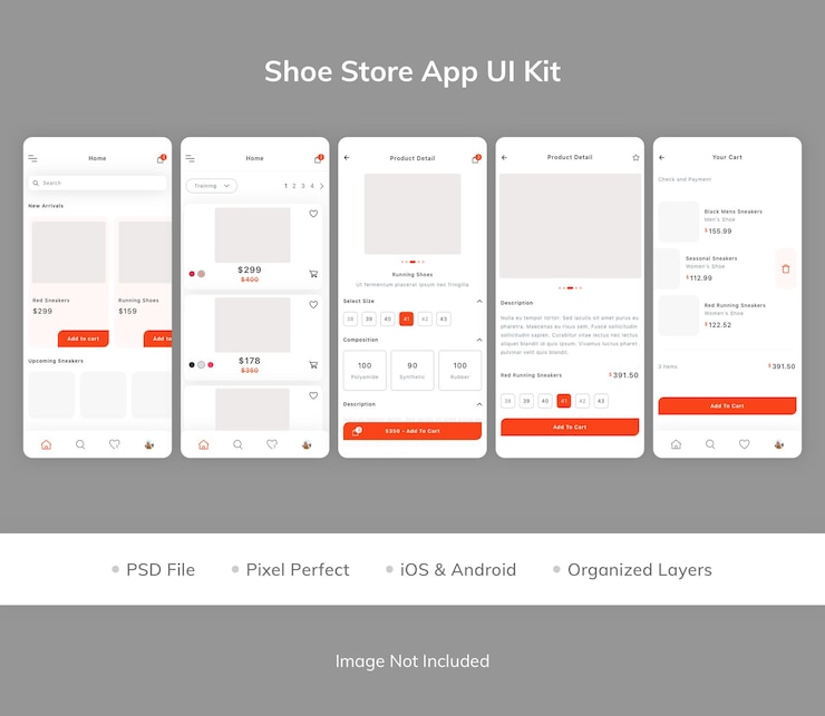 PSD kit interfaccia utente dell'app negozio di scarpe