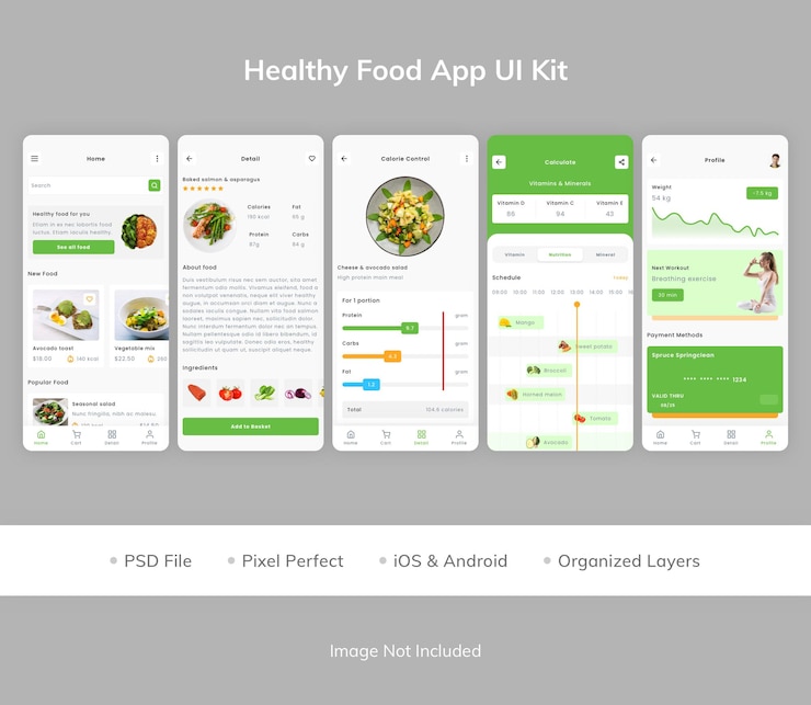 PSD kit interfaccia utente dell'app per alimenti sani