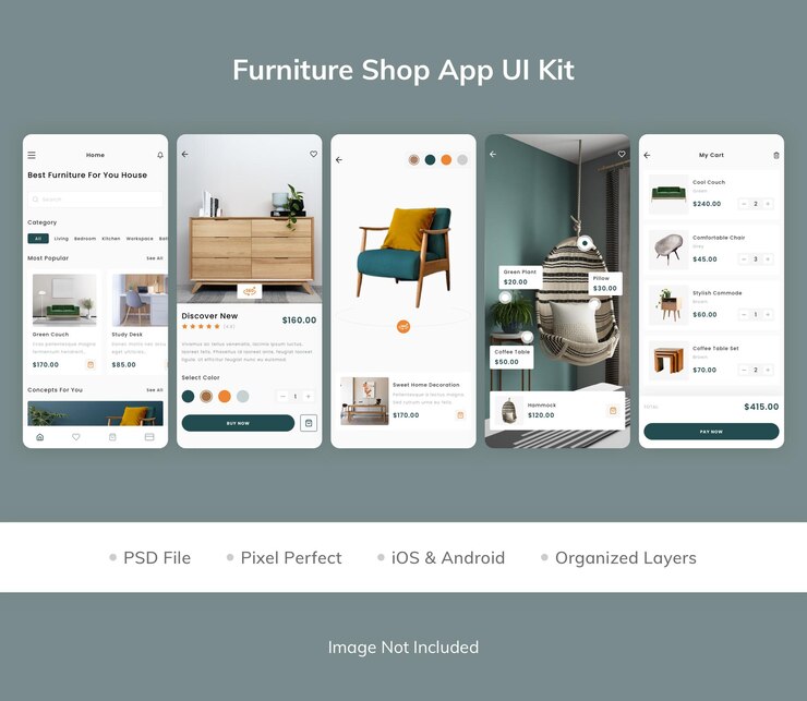 PSD kit interfaccia utente per app negozio di mobili