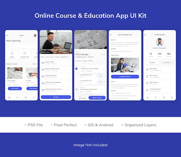 PSD kit d'interface utilisateur d'application de cours en ligne et d'éducation