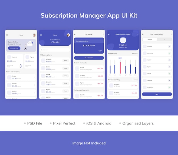 PSD kit d'interface utilisateur de l'application du gestionnaire d'abonnements