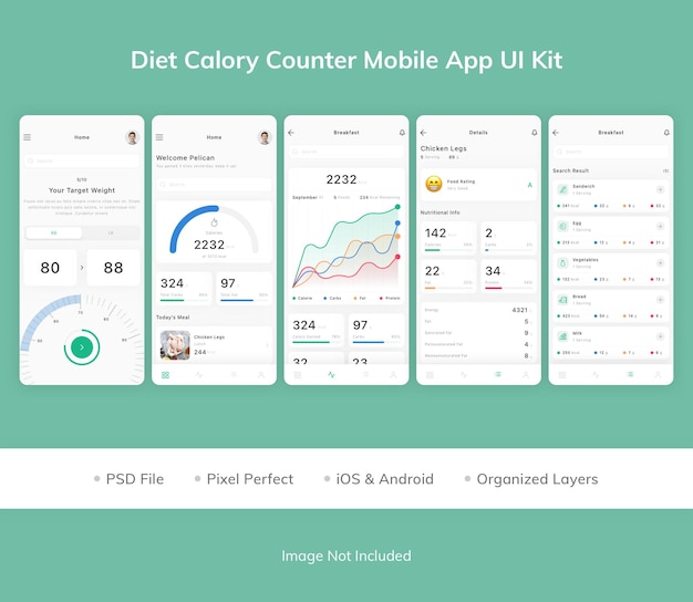 PSD kit d'interface utilisateur d'application mobile de compteur de calories de régime