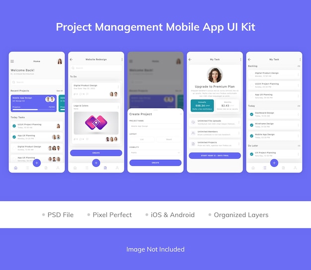 PSD kit d'interface utilisateur d'application mobile de gestion de projet