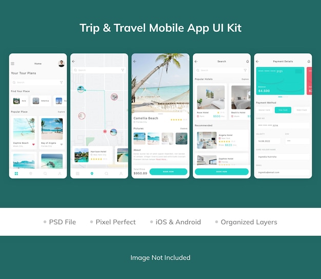 PSD kit d'interface utilisateur de l'application mobile trip and travel