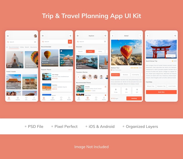 Kit d'interface utilisateur de l'application de planification de voyage Trip amp