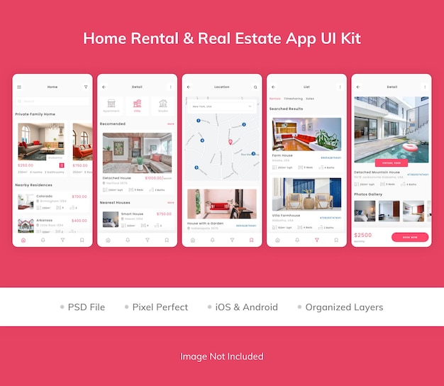 PSD kit de interfaz de usuario de la aplicación de bienes raíces de alquiler de viviendas