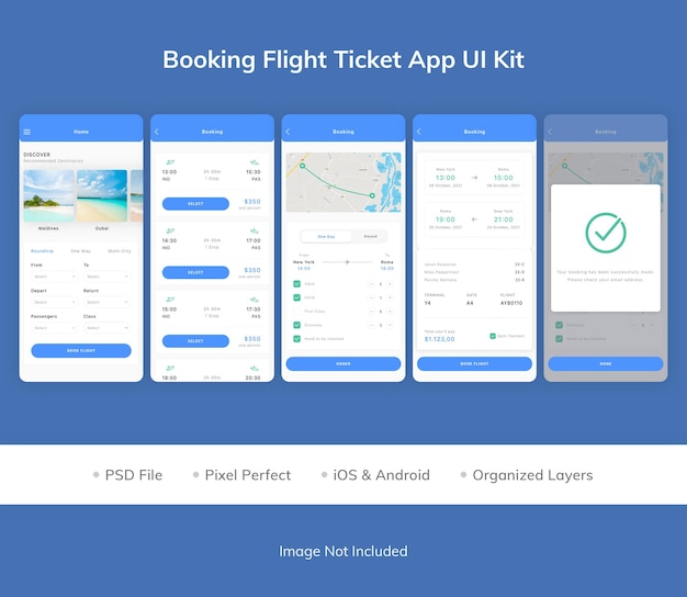 PSD kit de interfaz de usuario de la aplicación booking flight ticket