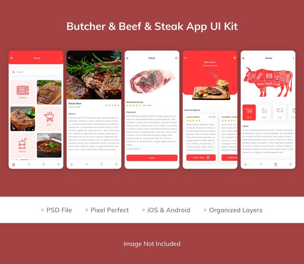 PSD kit de interfaz de usuario de la aplicación butcher beef steak