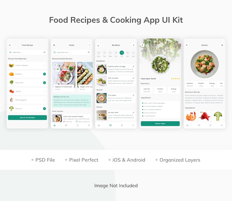 PSD kit de interfaz de usuario de la aplicación de cocina de recetas de comida