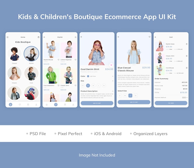 Kit de interfaz de usuario de la aplicación de comercio electrónico kids amp childrens boutique