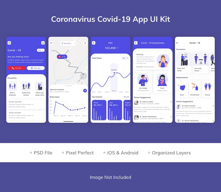 PSD kit de interfaz de usuario de la aplicación covid 19