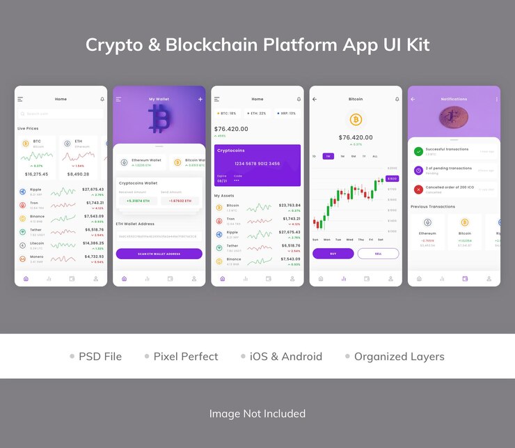 PSD kit de interfaz de usuario de la aplicación crypto amp blockchain platform