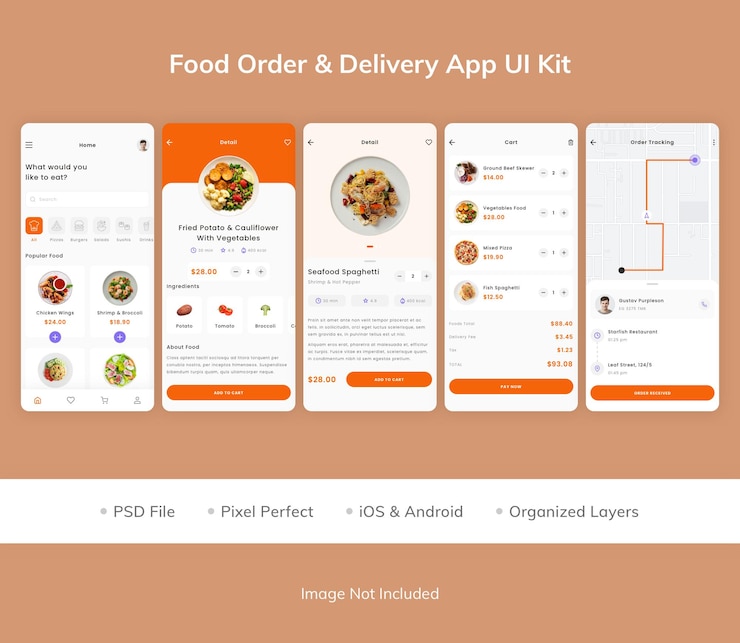PSD kit de interfaz de usuario de la aplicación de entrega de pedidos de alimentos