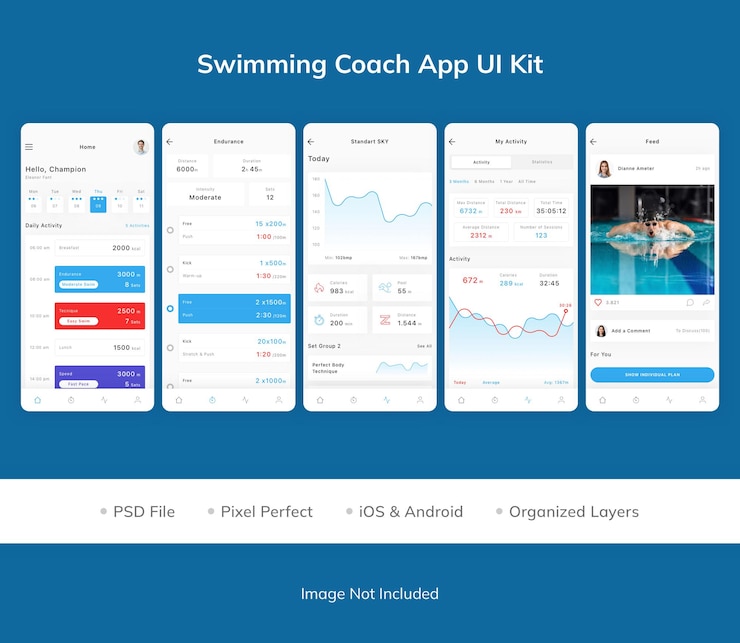 PSD kit de interfaz de usuario de la aplicación de entrenador de natación