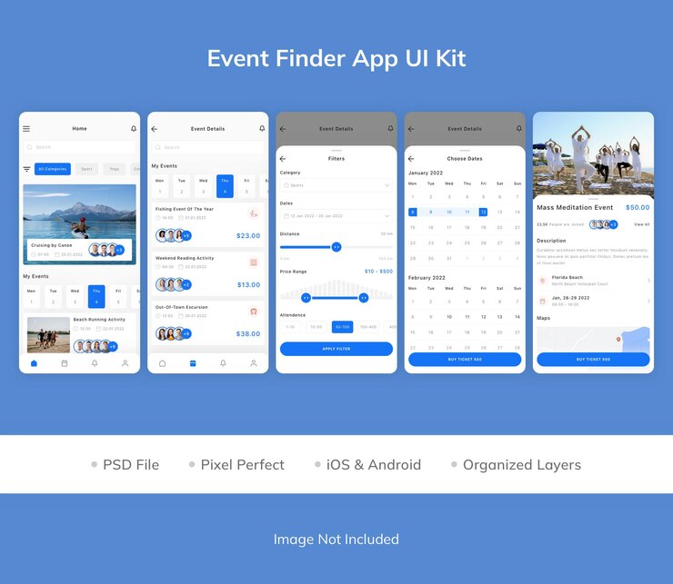 PSD kit de interfaz de usuario de la aplicación event finder