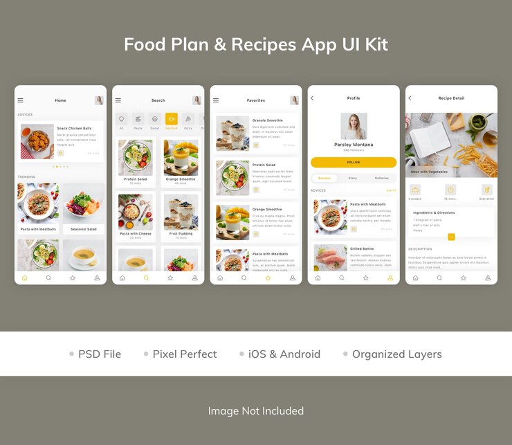 PSD kit de interfaz de usuario de la aplicación food plan recipes