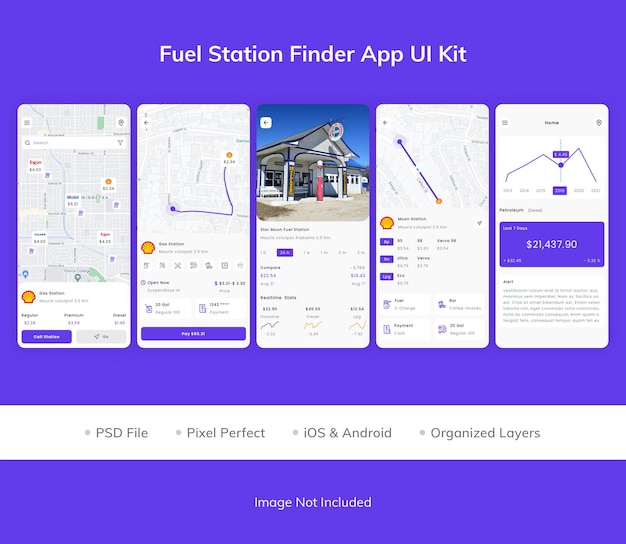PSD kit de interfaz de usuario de la aplicación fuel station finder