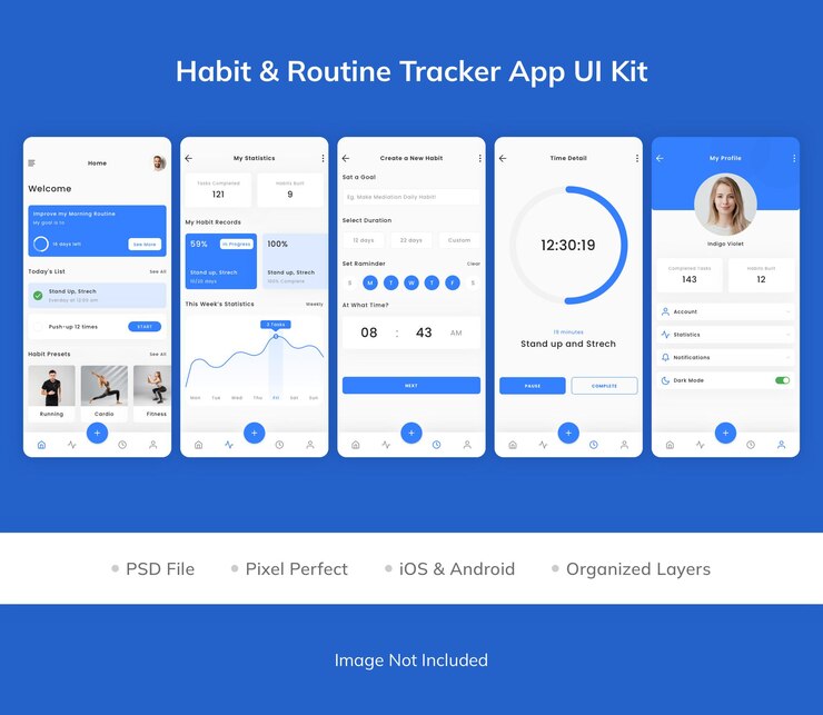 PSD kit de interfaz de usuario de la aplicación habit amp routine tracker