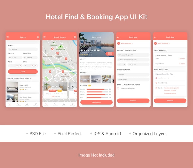 PSD kit de interfaz de usuario de la aplicación hotel find amp booking