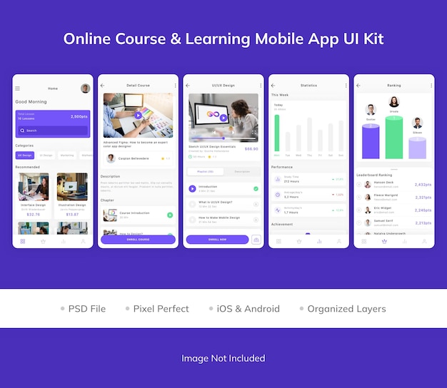 Kit de interfaz de usuario de aplicación móvil de aprendizaje y cursos en línea