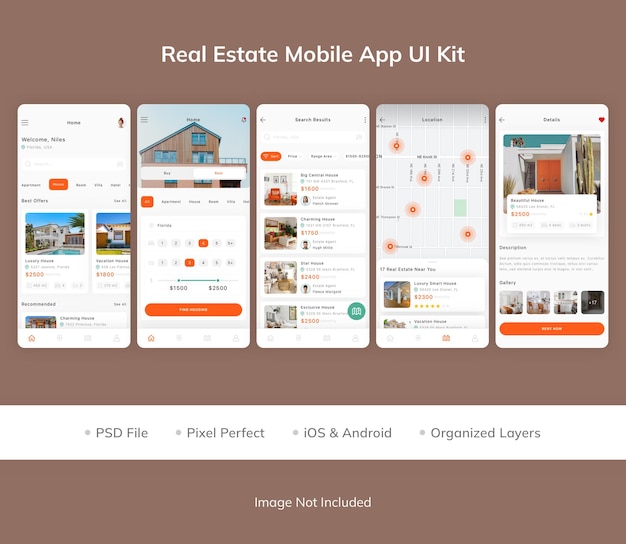 PSD kit de interfaz de usuario de la aplicación móvil de bienes raíces