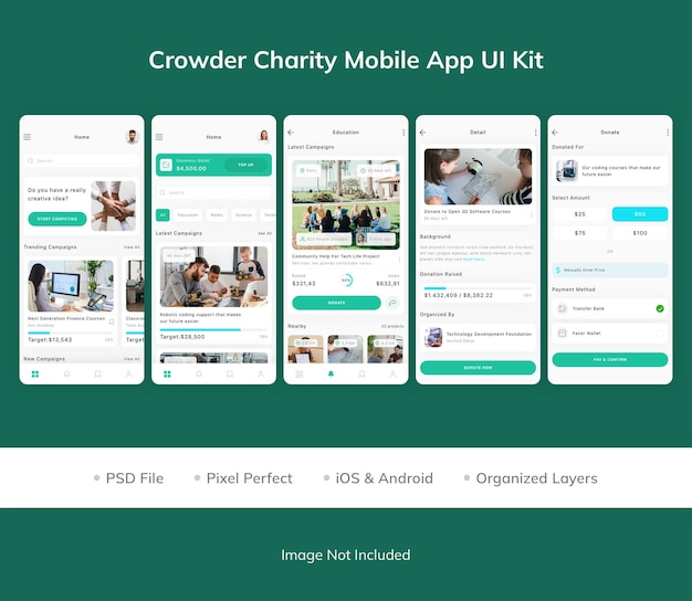 PSD kit de interfaz de usuario de la aplicación móvil crowder charity