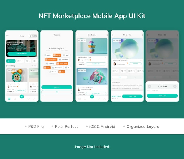 Kit de interfaz de usuario de la aplicación móvil nft marketplace