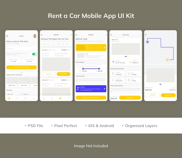 Kit de interfaz de usuario de la aplicación móvil Rent a Car